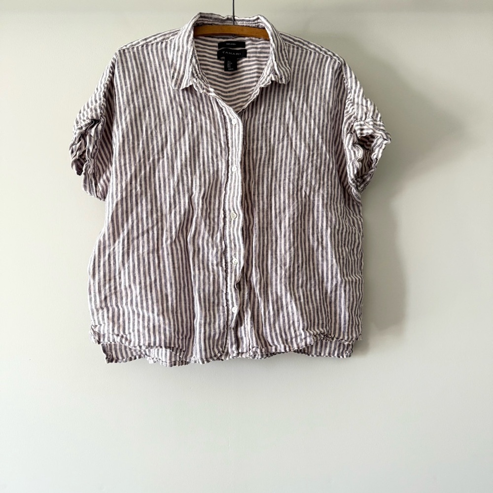 Tahari 100% Linen Striped Popover Tunic Blouse Oversized Boxy Beachy Size‎ L